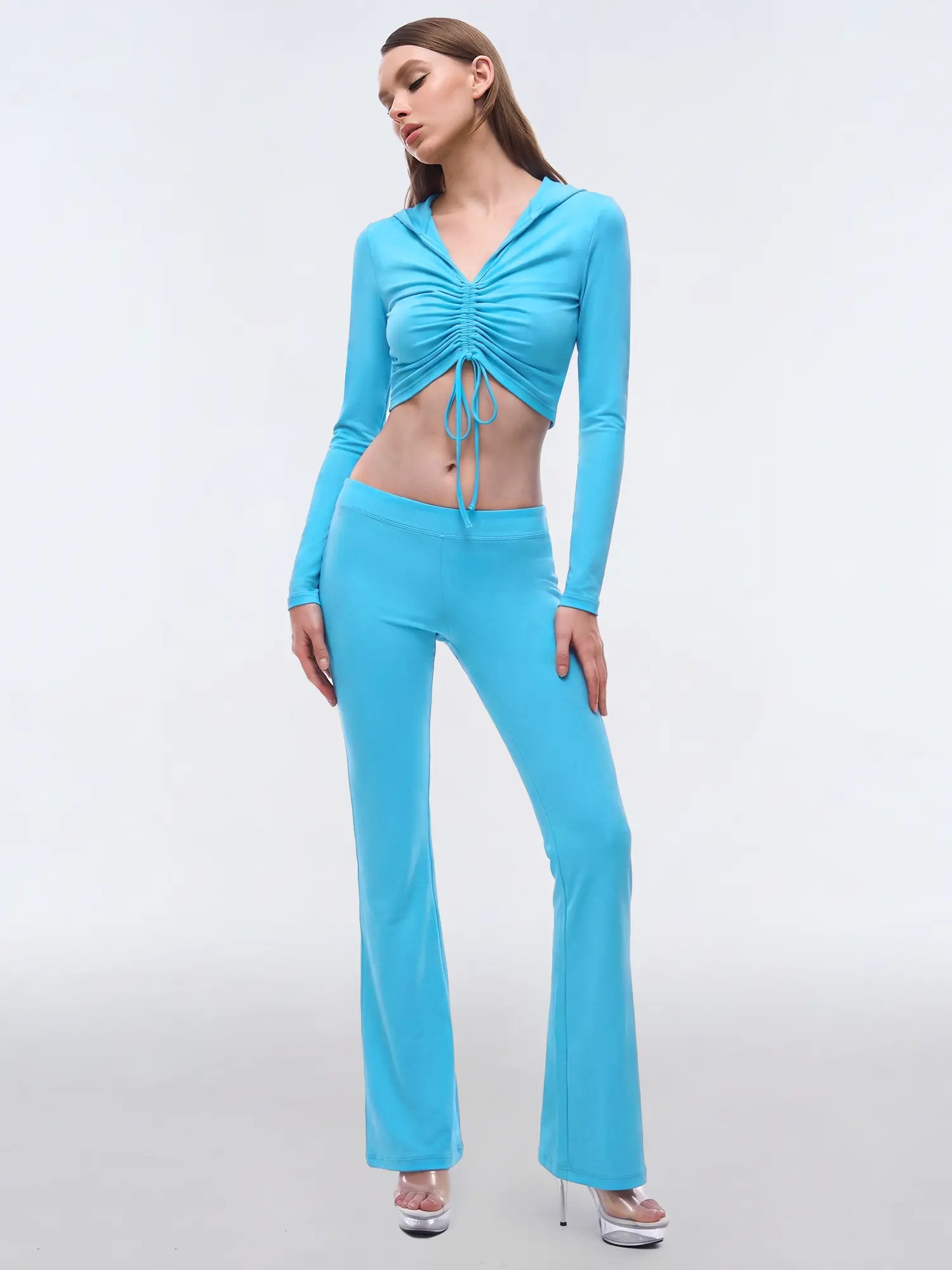 FDR Women’s Drawstring Ruched Cropped Hoodie & Flare Pants Set, Slim Fit Long Sleeve Two-Piece Outfit for Y2K Casual Streetwear