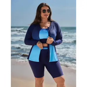 Plus Size Polyester Zipper-Front Color Gradient Pocket Tankini Swim Top, M-6X Sizes, Sports & Outdoor Wear Activewear Swimming 2026 Summer Vibes