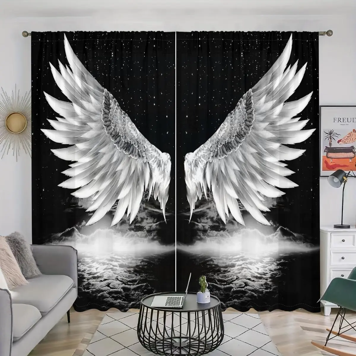 Angel Wing Pattern Curtain, 2 Counts/set Modern Art Printed Curtain, Home Decorative Curtain for Living Room Bedroom Kitchen Bathroom Study Room, Window Curtain