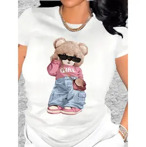 Women's Fashionable Cartoon Bear Graphic T-Shirt - Soft Polyester Knit Fabric For Casual Spring Summer Wear With Trendy Crew Neck Design And Comfortable Regular Fit