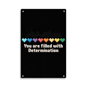 Rainbow Hearts You Are Filled With Determination Pixel Art  Tin Sign， Vintage Undertale Inspired Metal Sign Print Aesthetic Room Decoration for Home Bedroom Kitchen Bar Dorm Bathroom Wall Decor 8 X 12