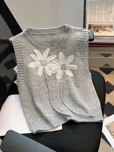 Women's Round Neck Knitted Pullover Sweater, Ribbed Sleeveless Vest with Floral Print, Cute Casual Elegant Spring Summer Fashion