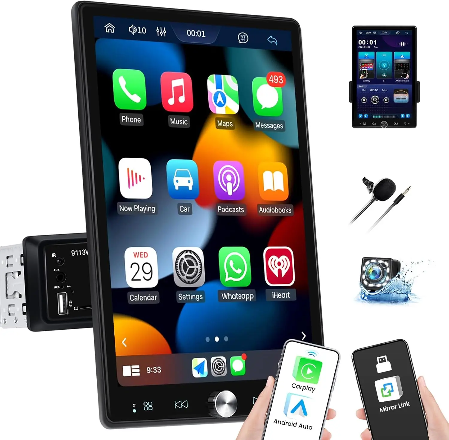10.4 inch Single Din Car Stereo with Wireless Carplay Android Auto, 1080P IPS Vertical Touch Screen,5.2 Bluetooth, 12LED Backup Camera,FM Radio,USB/AUX,Mirror Link,SWC,SummerVibes