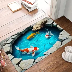 1 2D Flat Illusion Pond Carp in The Entrance Mat Washable Indoor and Outdoor Entrance Mat RV Mat Kitchen with Realistic Carp Fish Design Carpet Home Decoration Home Decorative Rug