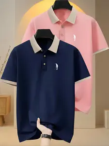 Men's Colorblock Short Sleeve Polo Shirt, Regular Fit Casual Fashion Comfy Half Placket Top for Summer, Men's Clothes for Daily Wear