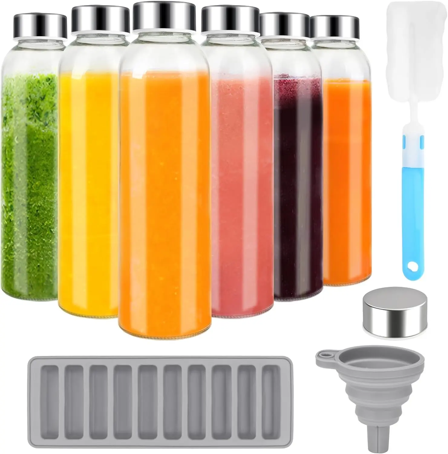 Glass Juice Bottles with Lids for Juicing 18 oz, Reusable Clear Glass Water Bottles with Stainless Steel Airtight Cap for Refrigerator, 100% Leak Proof, BPA Free, ECO Friendly, Set of 6 Drinkware Cup Drinkware Cup