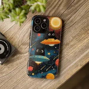 Cute Black Cat UFO  Tough Phone Case, Colorful Space Planet Stars Design with Flying Cats in Spaceships Whimsical Cosmic Phone Cover, gift for him for her for iPhone 17 Pro Max Phone Case 17 Air 16E 16 15 Plus 14 13 12 11 X XS Max XR 7 8 Plus Phone Cases