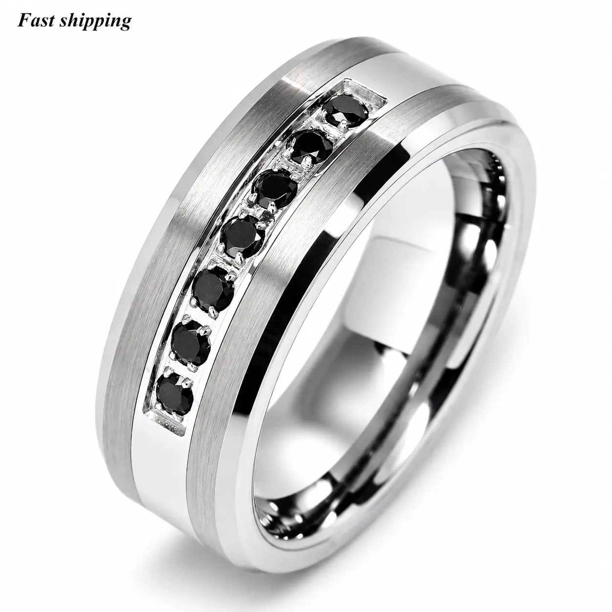 Men's 8mm Tungsten Carbide Ring, 2-Tone Wedding Band with Brilliant Cut Cubic Zirconia, Cobalt-Free Comfort Fit for Anniversary & Graduation, Birthday, Black & Silver, Two-Tone