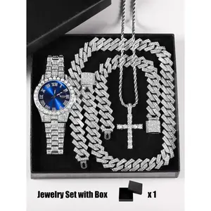 Luxury Punk Watch Set with Necklace Bracelet Cross Pendant, Analog Quartz Movement, Adjustable Strap, Unisex Gift Box for All Seasons, Fashionable Jewelry Set