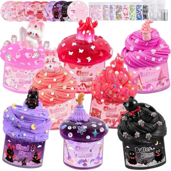 Summer Spring Gift 8 Pack Red & Black Slime Kit for Kids – Cloud, Butter & Clear Slime with Bunny & Cat Charms, Party Favors, Goodie Bag Stuffers, Birthday, Christmas & Easter Gifts