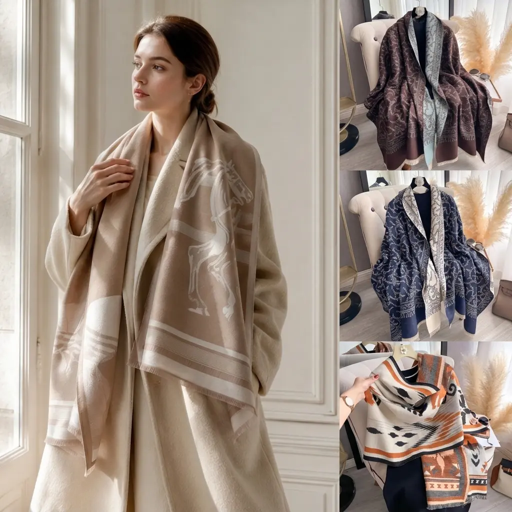 FEITAI Women's Imitation Cashmere Floral Print Shawl - Raw Trim, Double-Sided, Soft Warm Thick Long Scarf, Girlfriend Gift, Fall & Winter Casual Daily Fashion Accessory