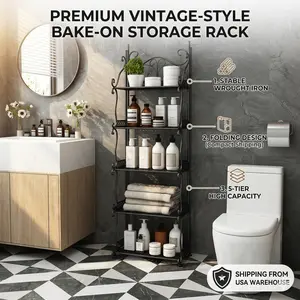 Foldable 5-Tier Metal Storage Shelf – Decorative Freestanding Organizer Rack for Bathroom, Kitchen, Bedroom & Living Room, No Assembly Space-Saving Storage Stand with Multi-Layer Shelves for Towels, Toiletries & Home Décor