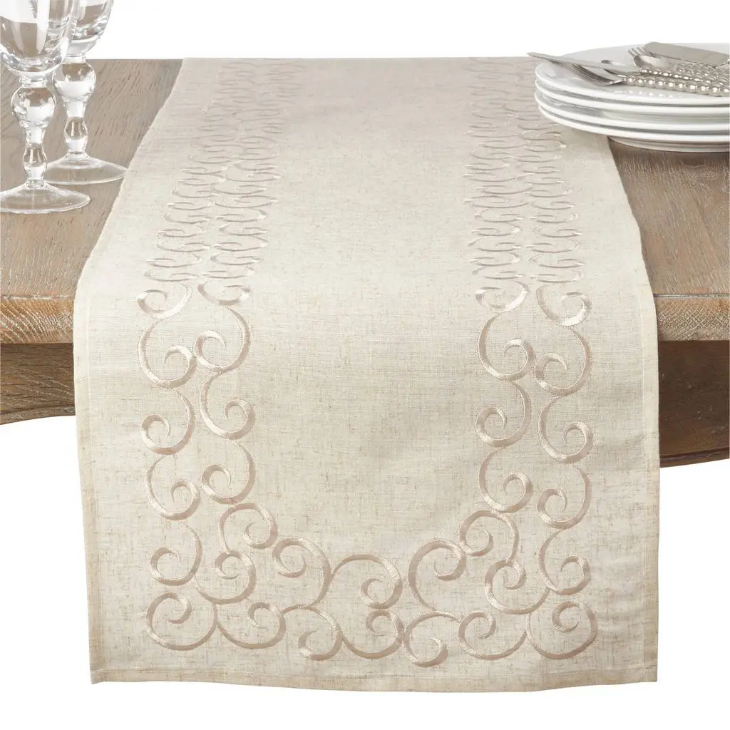 Saro Lifestyle 493.N1690B 16 x 90 in. Embroidered Design Linen Blend Oblong Table Runner
