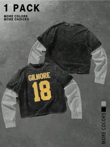 Street Style Casual Hoodie, Water Washed Distressed Patchwork Design, Block, Letter Number Print, Loose Fit, Long Sleeve