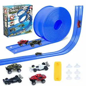 Flex Tracks 16ft Flexible Race Car Track Set for Kids - Portable Roll-Up Design, Hot Wheels Compatible Toy - Easy Setup & Storage for Diecast Cars, Marbles & Vehicles - Includes 2 Suction Cups