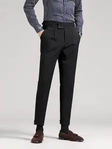 Naples Color-Spun Blended Non-Iron Single-Pleat Casual Suit Trousers for Men Drapey Feel All Seasons Menswear Pants Beige Black Plain Pocket