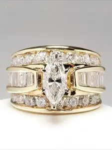1PC Marquise Cut Cubic Zirconia Wide Band Ring, Golden Plated Three Row Statement Ring with Baguette Side Stones,  Wedding Engagement Party Accessories for Women, Trendy Accessories for Party and Daily Life