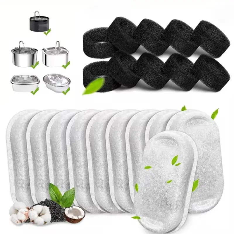 20-Pack Pet Water Fountain Replacement Filters - Activated Charcoal, Adjustable Water Flow, Dust-Filtering, Odor-Removing, Includes 10 Filters & 10 Sponges, Fits Stainless Steel Cat & Dog Fountains (No Battery)