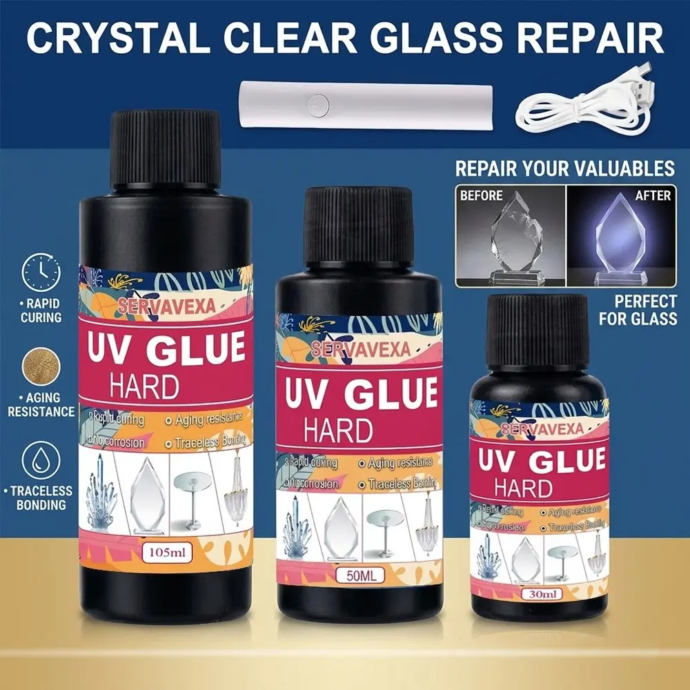 Servavexa Transparent UV Glue Repair Kit, Quick Cure, Formula, Invisible Bonding, for Glass Crystal, USB Curing Lamp Included