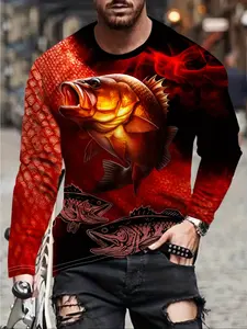 Men's Long Sleeve Fishing Print T-Shirt, 3D Bass Fish Pattern, Casual All-Season Fishing Shirt, Round Neck,  Gym Wear, Outdoor Sportswear, Premium Outdoor Apparel