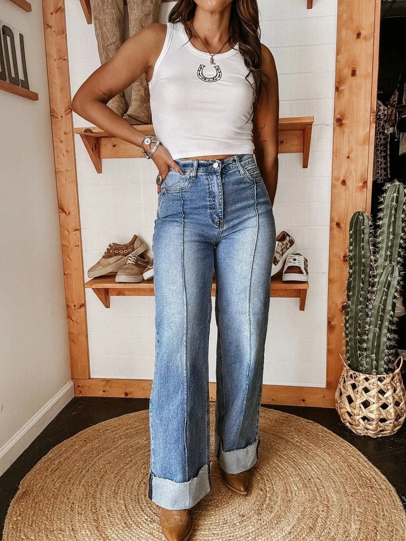 High-Waisted Wide Leg Cuffed Jeans