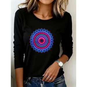 Women's T-shirt 1 piece, colorful mandala pattern design, artistic, washable, comfortable and durable, easy to wear, casual, holiday party clothing, fashionable 200g heavy weight long sleeve T-shirt