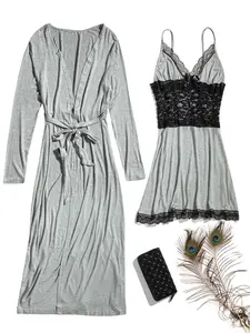 Women's Contrast Lace Bow Decor Pyjama Set, Elegant Backless V Neck Cami Nightdress & Belted Lounge Robe, Women's Sleepwear for Spring & Fall