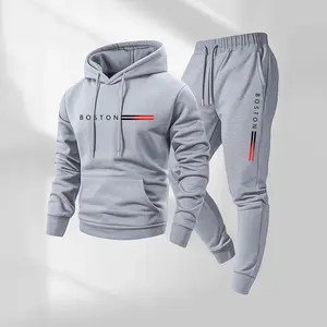 Men's Boston Letter Printed Hoodie and Drawstring Sweatpants Set, Menswear, Casual Athletic Long Sleeve Hooded Jacket & Trousers for Fall & Winter, Men's Clothing for Daily Wear, Sportswear Indoor Outdoor, Tracksuit, Athleisure Summer Clothes