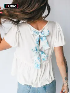 Hotapei Elegant Plain Knit V-Neck Short Bubble Sleeve Waist Cinching Top Shirt, Fitted Design, Textured Fabric, Women's Fashion Blouse