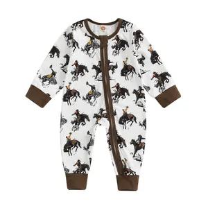 Western Newborn Baby Boy Girl Clothes Horse Print Long Sleeve Romper Jumpsuit  Fall Winter Outfits
