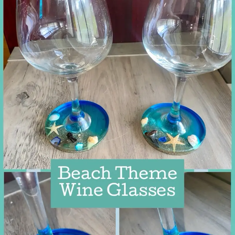 Beautiful Beach Theme Wine Glasses with Sand Shells & Shark Teeth Handcrafted Epoxy Resin 8.25 Inch Height 3 Inch Width