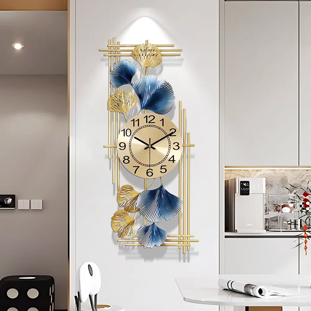 Elegant Metal Wall Clock, Modern Large Wall Clock,  Silent Non Ticking Battery Operated Oversized Square Modern Wall Clock,  Light Luxury Atmosphere Ginkgo Leaf Wall Clock, Wall Decor for Living Room Bedroom Home Office