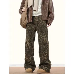 Men's Plus Size Leopard Print Straight Leg Jeans - Retro Hip Hop Street Style Pants with Pockets, Brown/Black Gradient Design, Cotton Blend, Casual & Trendy for All Seasons, PLUS SIZE