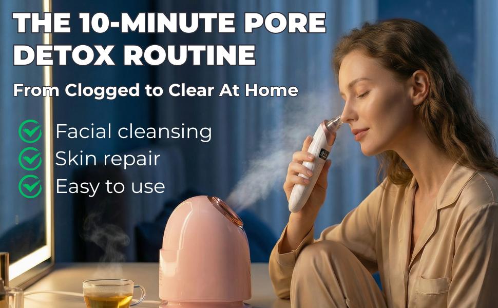 Pjordo 7-in-1 Nano Ionic Facial Steamer and Spa Kit for Deep Cleansing with Blackhead Remover Pore Brush in Pink Professional Home Use facial kit for girls  for her