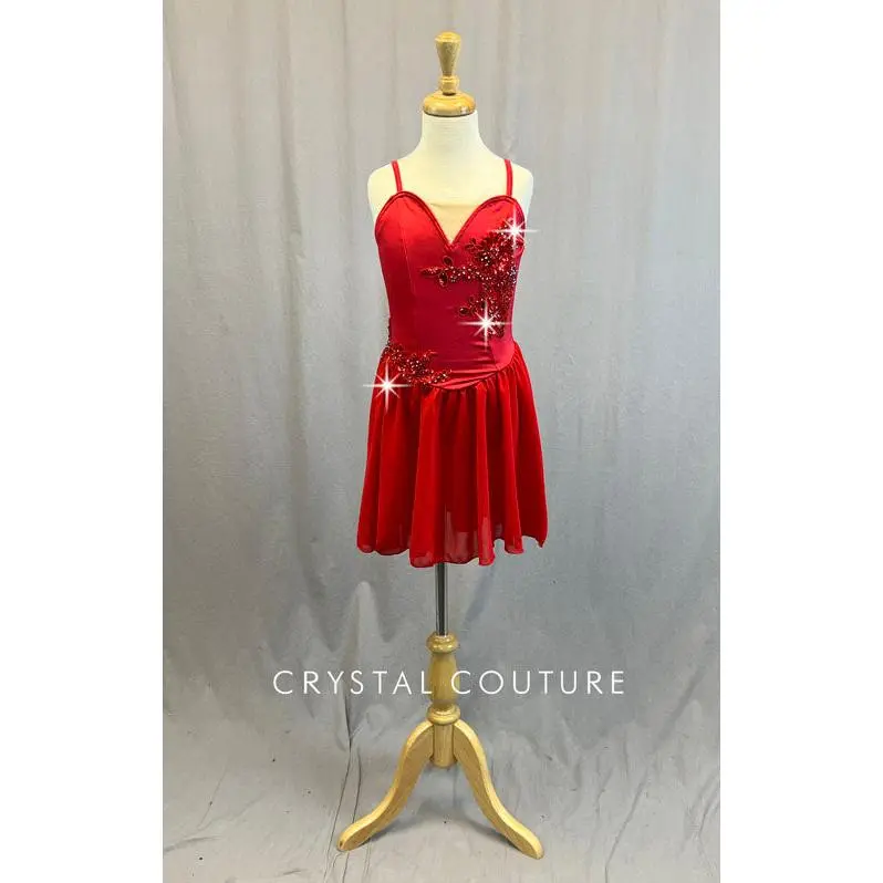 Red Camisole Leotard with Sweetheart Neckline and Circle Skirt - Rhinestones