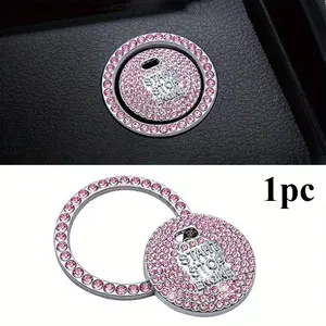 1pc Diamond studded button stickers ignition start stickers cute car interior accessories, universal bright pink diamonds car engine ignition start button decoration ring crystal stickers start stop ignition button switch cover stickers