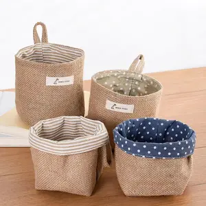 Jute Wall Hanging Basket with Circular Holder, Foldable Fabric Planter and Storage Organizer for Plants, Toys, Bathroom, Multifunctional Space Saving Home Decor