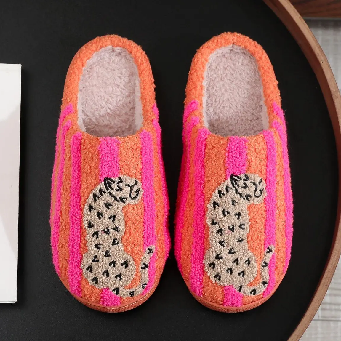 Women’s Retro Striped Leopard Print Slippers, Super Soft Fluffy Lined Closed Toe House Shoes, Warm Cozy Non-Slip Indoor Bedroom Slippers, Winter Gifts for Women