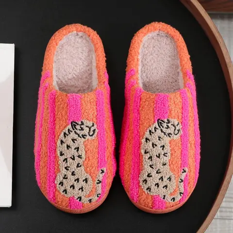Women’s Retro Striped Leopard Print Slippers, Super Soft Fluffy Lined Closed Toe House Shoes, Warm Cozy Non-Slip Indoor Bedroom Slippers, Winter Gifts for Women