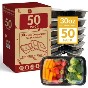 Meal Prep Containers, 30 oz. (50 Pack) - Black 2 Compartment  Container with Lid, Microwavable  Storage | Black  Bento Box/Lunch Box for Meal Prep (30 oz)