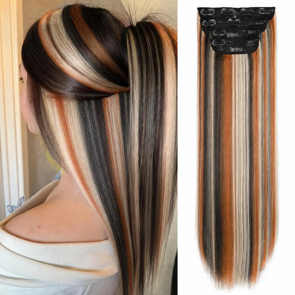 SilkGlow Clip In Hair Extensions for Female, 22 Inch Long 4-Piece Natural Straight Premium Synthetic Lightweight Volume Hairpiece, Soft Texture to Instantly Add Hair Length