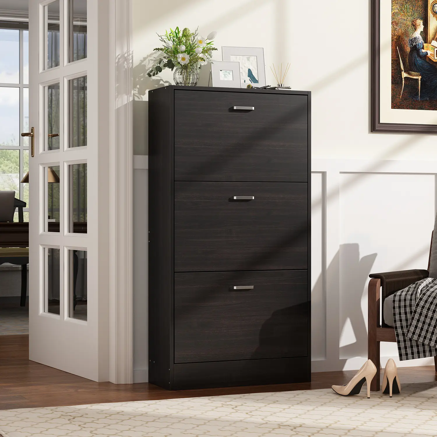FUFU&GAGA FURNITURE Shoe Cabinet with 3 Flip Drawers for Entryway, Modern Storage Cabinet, Freestanding Rack Organizer (23.6”W x 9.4”D 45.5”H)(White) Springtok Organization