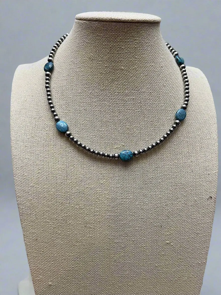 4mm & 5mm Sterling Pearl & Turquoise Choker — 15 inch (Handmade in North Texas)