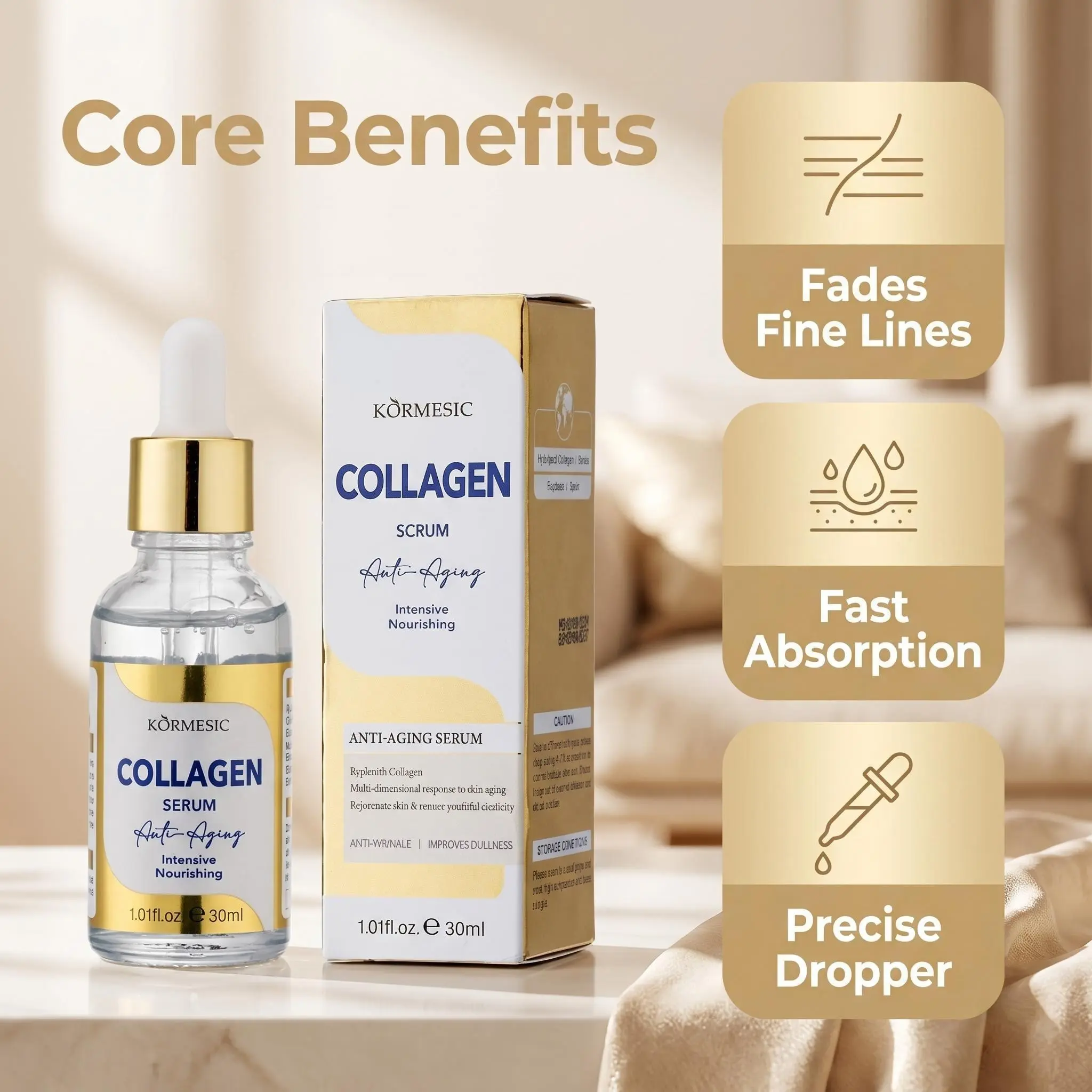 KORMESIC Collagen Anti-Aging Serum - Lightweight, Non-Greasy Moisturizer for Daily Use, Deep Hydrate, Plump Skin, Smooth, Bright, Radiant & Youthful-Looking Complexion, Anti-Aging Serums & Essences