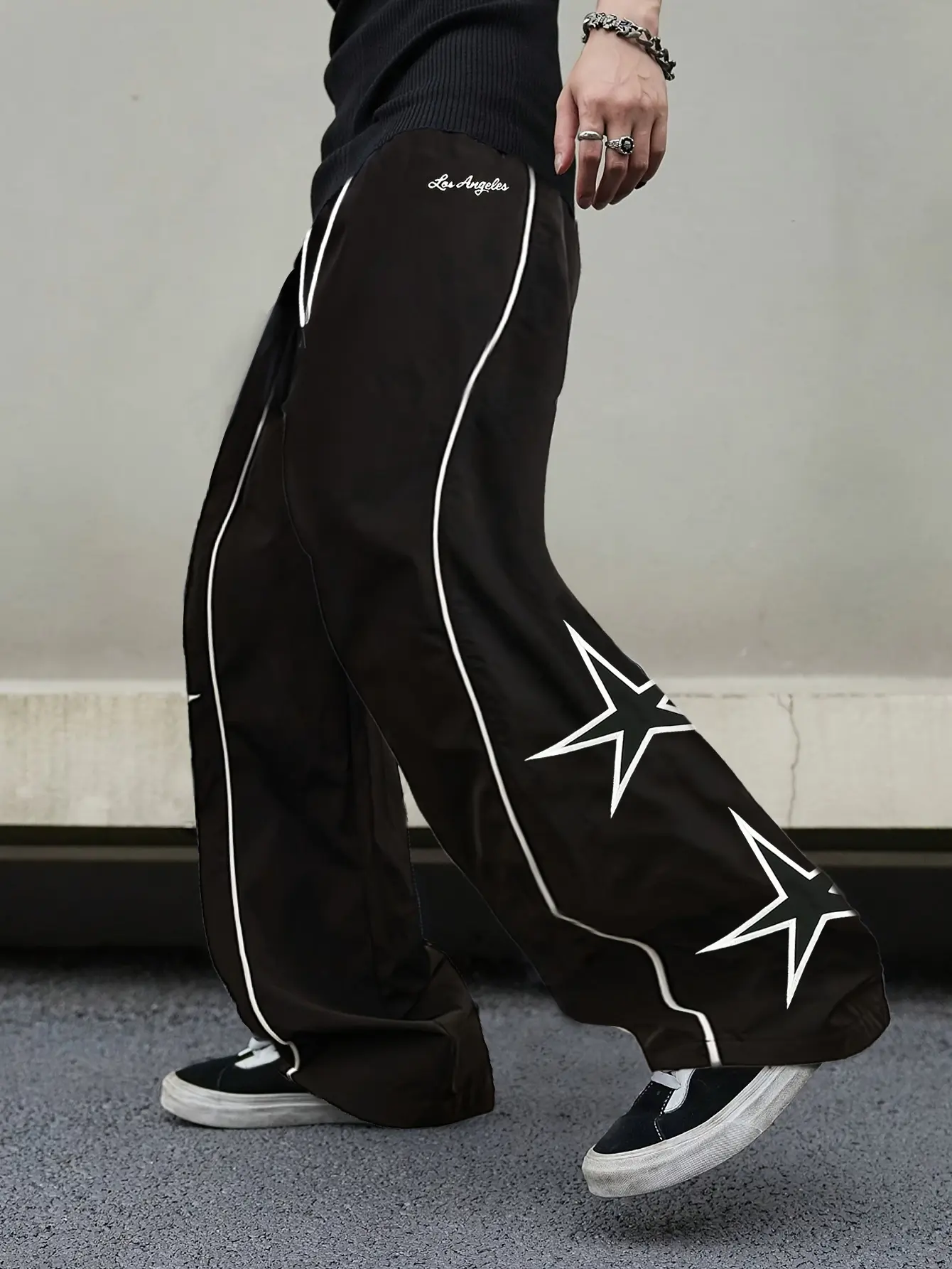 Men’s Polyester Letter Print Wide-Leg Sweatpants - White Stripe Accents, Los Angeles Lettering, Loose Fit Streetwear Clothing, Drawstring Waist, All-Season Casual Bottoms for Everyday Commuting