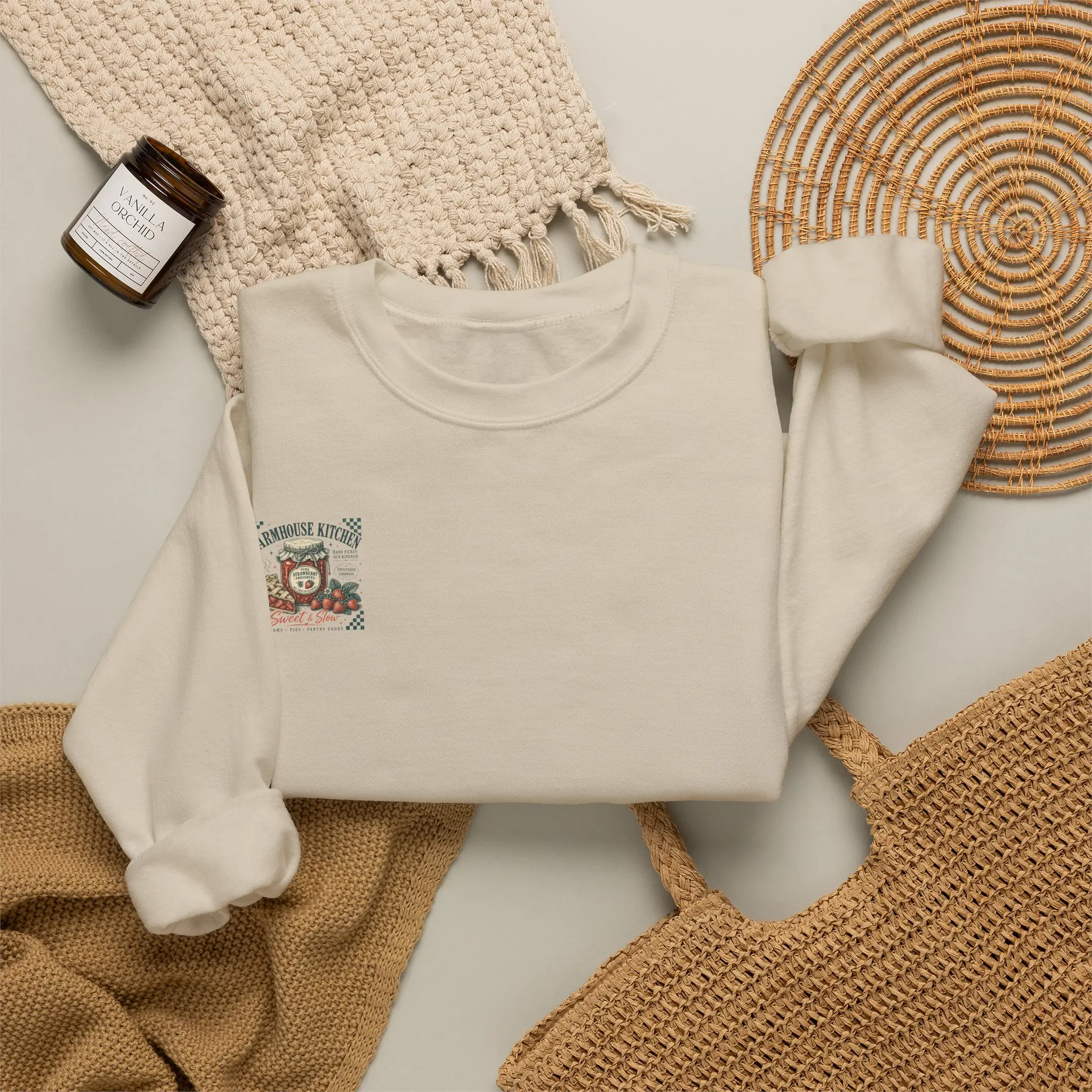 Men's Farmhouse Kitchen Strawberry Jam Crewneck Sweatshirt - Casual, All Season, Vintage Print, Checkered Accents, Cold Wash, Long Sleeve Round Neck Regular Fit Cotton Blend Rustic Cottagecore Top