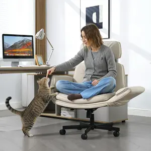 Criss Cross Desk Chair with Adjustable Armrests, Wheels & Headrest, PU Vanity Office Chair with Wide Seat for Cross-Legged Sitting, Swivel Task Chair for Home, Makeup, Gaming & Work (Beige)