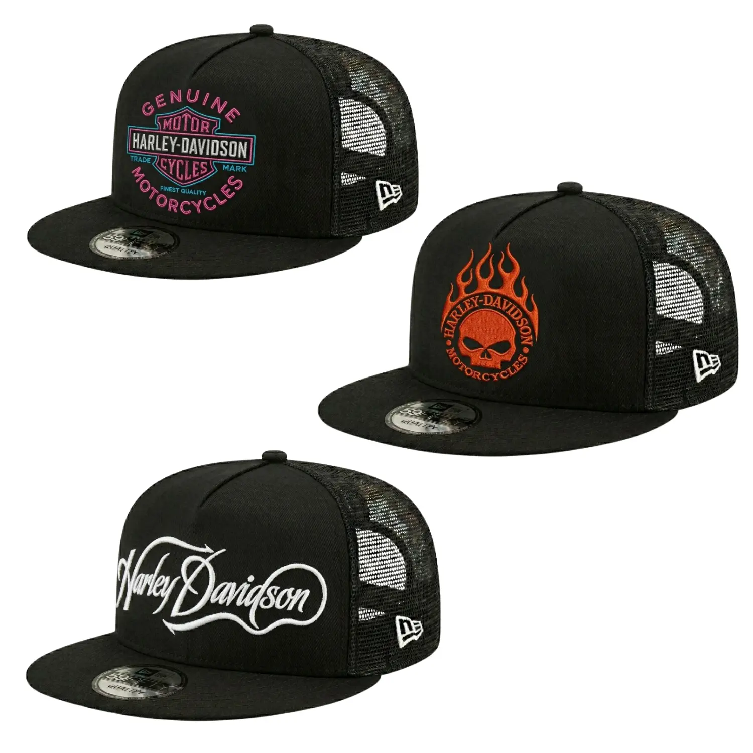 Vintage Motorcycle Skull Graphic Embroidered Trucker Hat, Black Mesh Back Snapback Cap with Flame Rider Artwork, Retro Biker Style Flat Bill Baseball Hat for Men and Women, Adjustable Streetwear Headwear, Outdoor Riding Accessory, Unique Motorcycle Gift