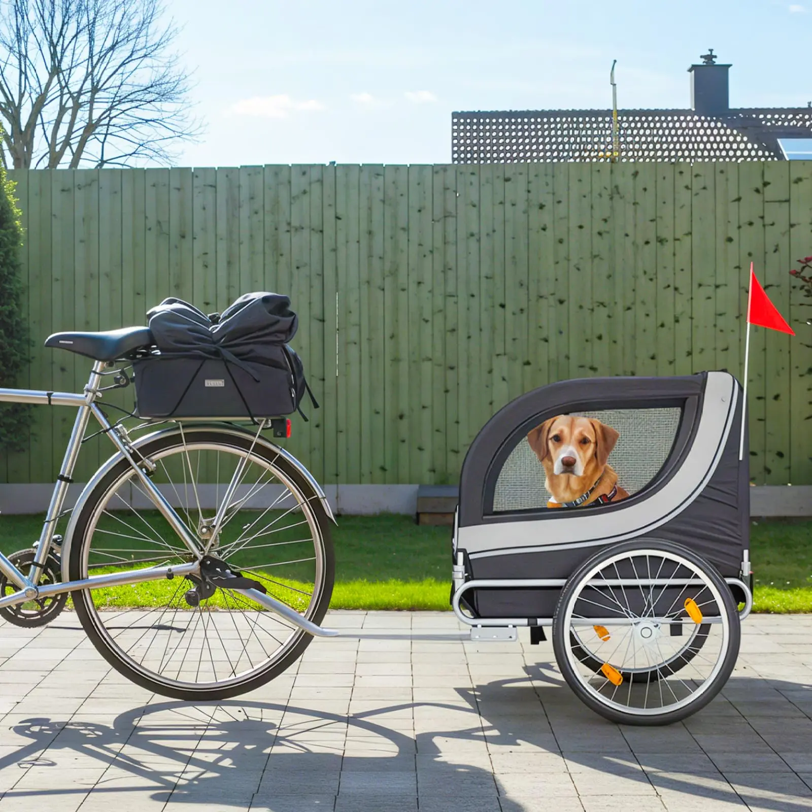 AECOJOY Foldable Dog Bike Trailer Holds Up to 88 Lbs, Universal Hitch Pet Bicycle Carrier with Shock Absorbing Tires, Breathable Mesh Ventilation & Quick Release Wheels, 55''×57'' Large Space