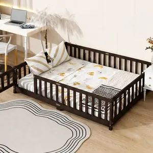 ARCH Full Size Floor Bed with Fence and Door, Rubber Wood Kids Montessori Bed Frame with Safety Guardrails, Espresso, Low Platform Bed for Toddlers, Easy Assembly, 56.5W x 77D x 17.5H Inches, Full Size Options, Espresso Color Options